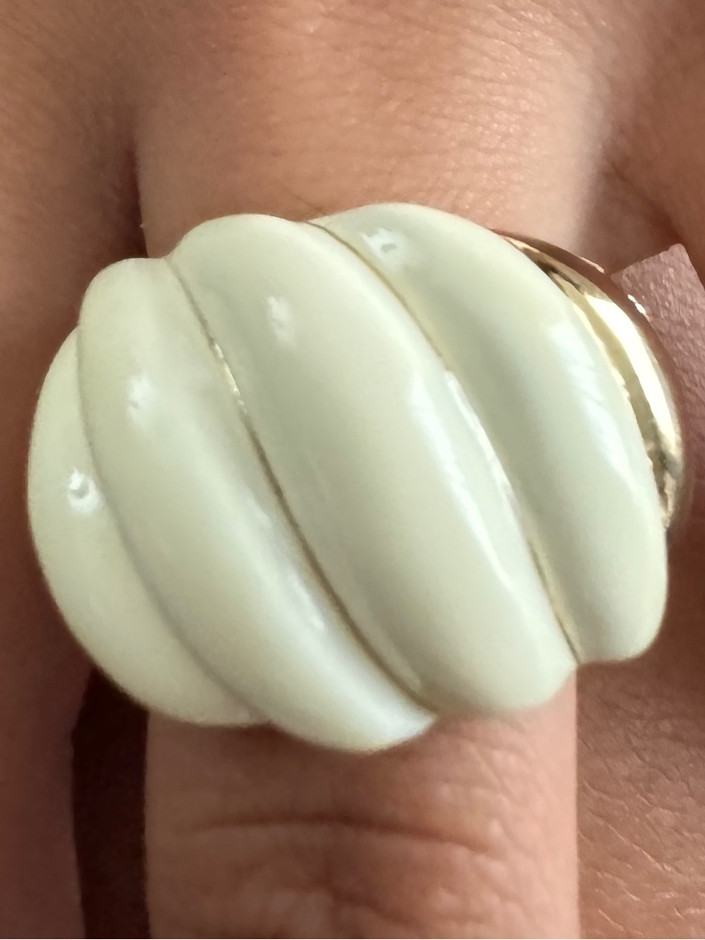 Vintage Camille Lucie 14k Plate & Cream Enamel Croissant Dome Ring w/ Crystals